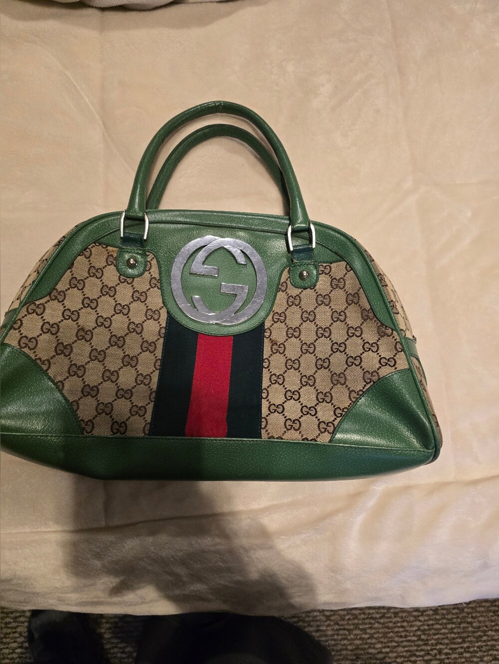 Green Leather & GG Canvas Bowling Satchel with Red-Navy Web